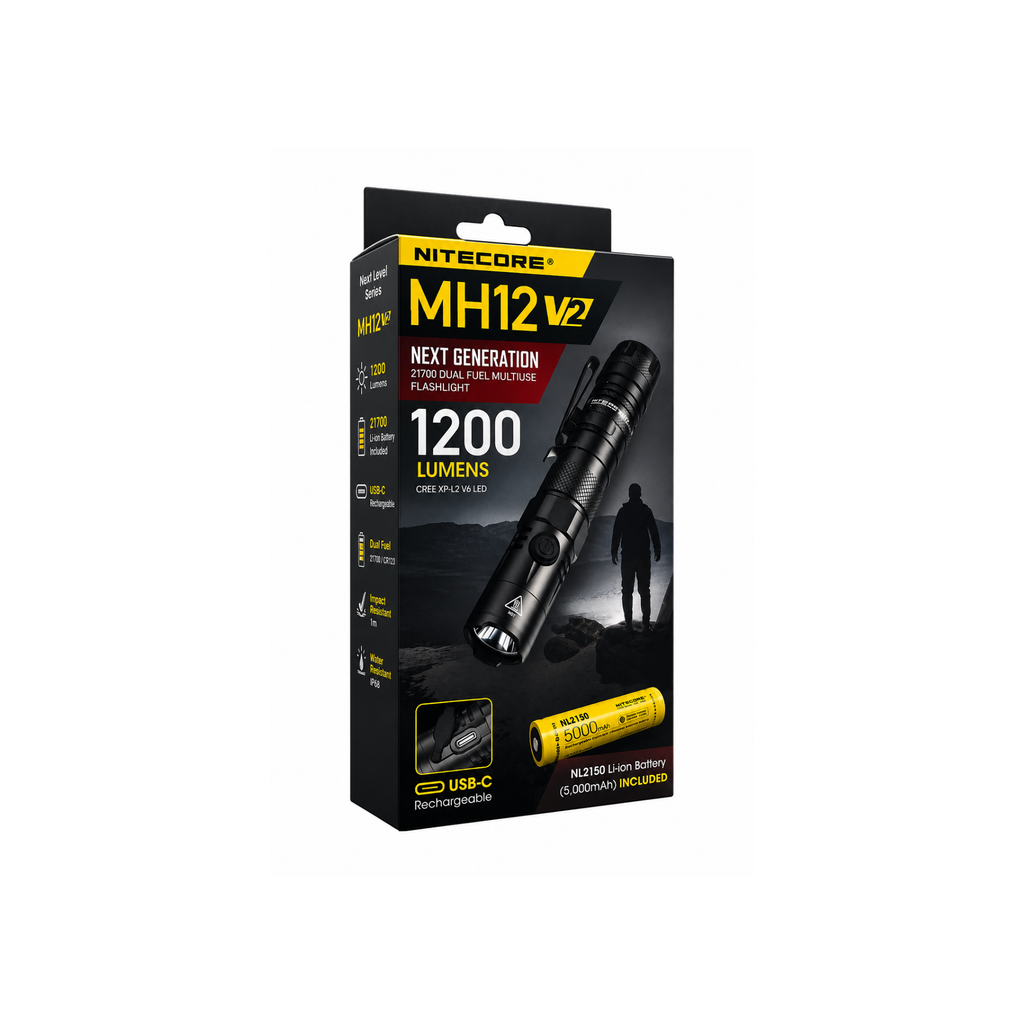 פנס טקטי נטען 1200 לומן MH12V2 עד 1500 שעות