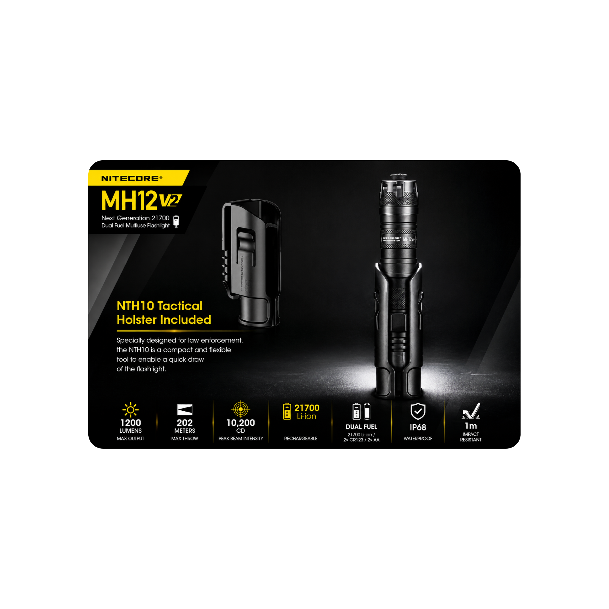 פנס טקטי נטען 1200 לומן MH12V2 עד 1500 שעות