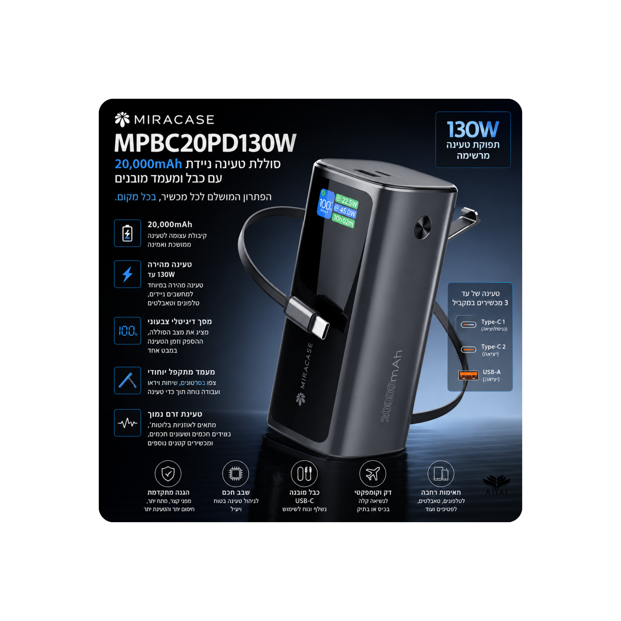 סוללת טעינה ניידת + כבל ומעמד מובנים 20000 mAh